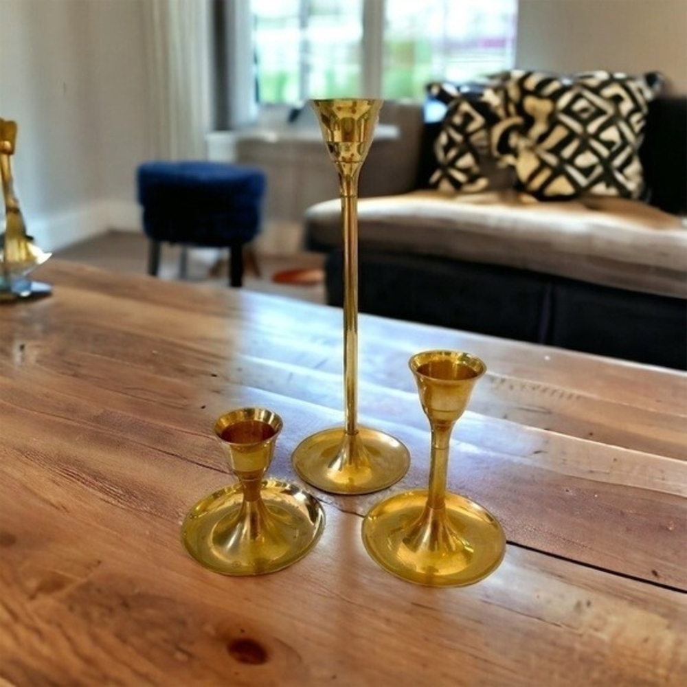 Brass Gold Tone Candlestick Set 3 Piece India Tableware Candle Holders VG